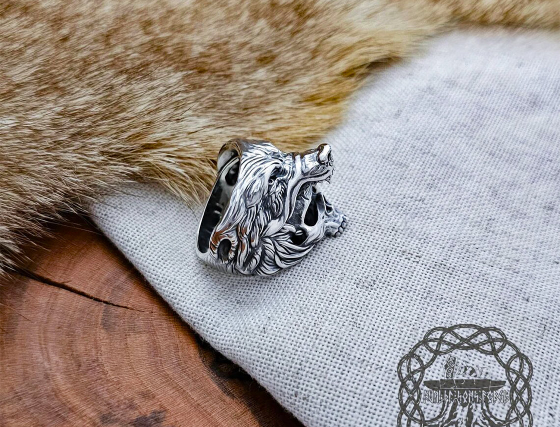 Handmade Viking Wolf Skull Ring. Sterling Silver Ulfhednar Jewelry.