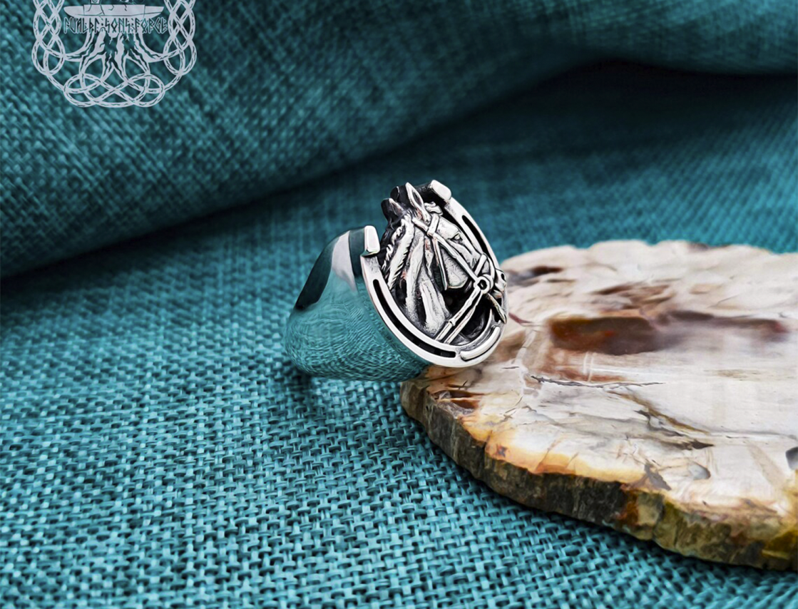 Sterling Silver Horse Ring. Handmade Lucky Horseshoe Jewelry.