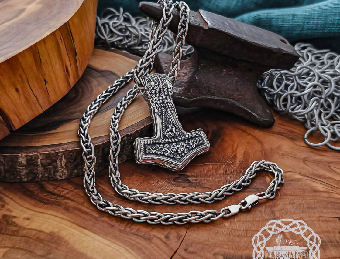 Sterling Silver Bredsatra Mjolnir Necklace. Viking Thor Hammer Pendant.