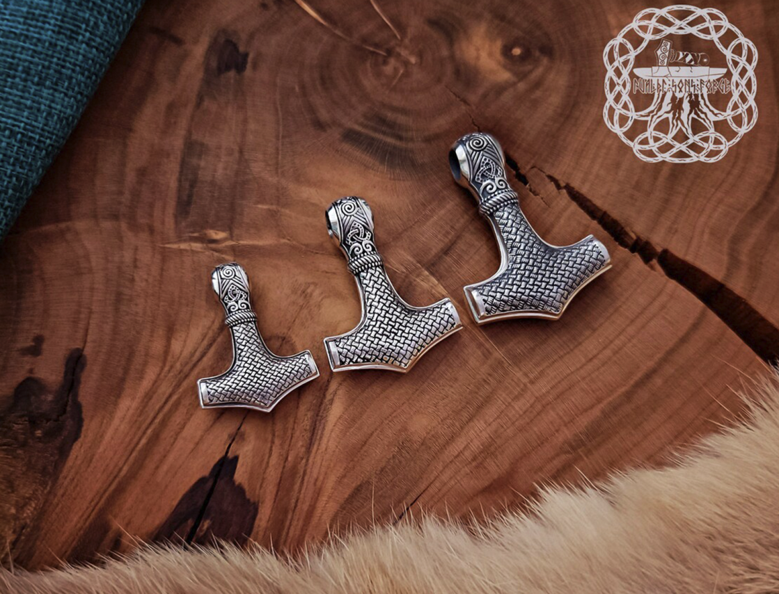 Sterling Silver Mammen Mjolnir Pendant. Handmade Viking Thor Hammer Necklace.