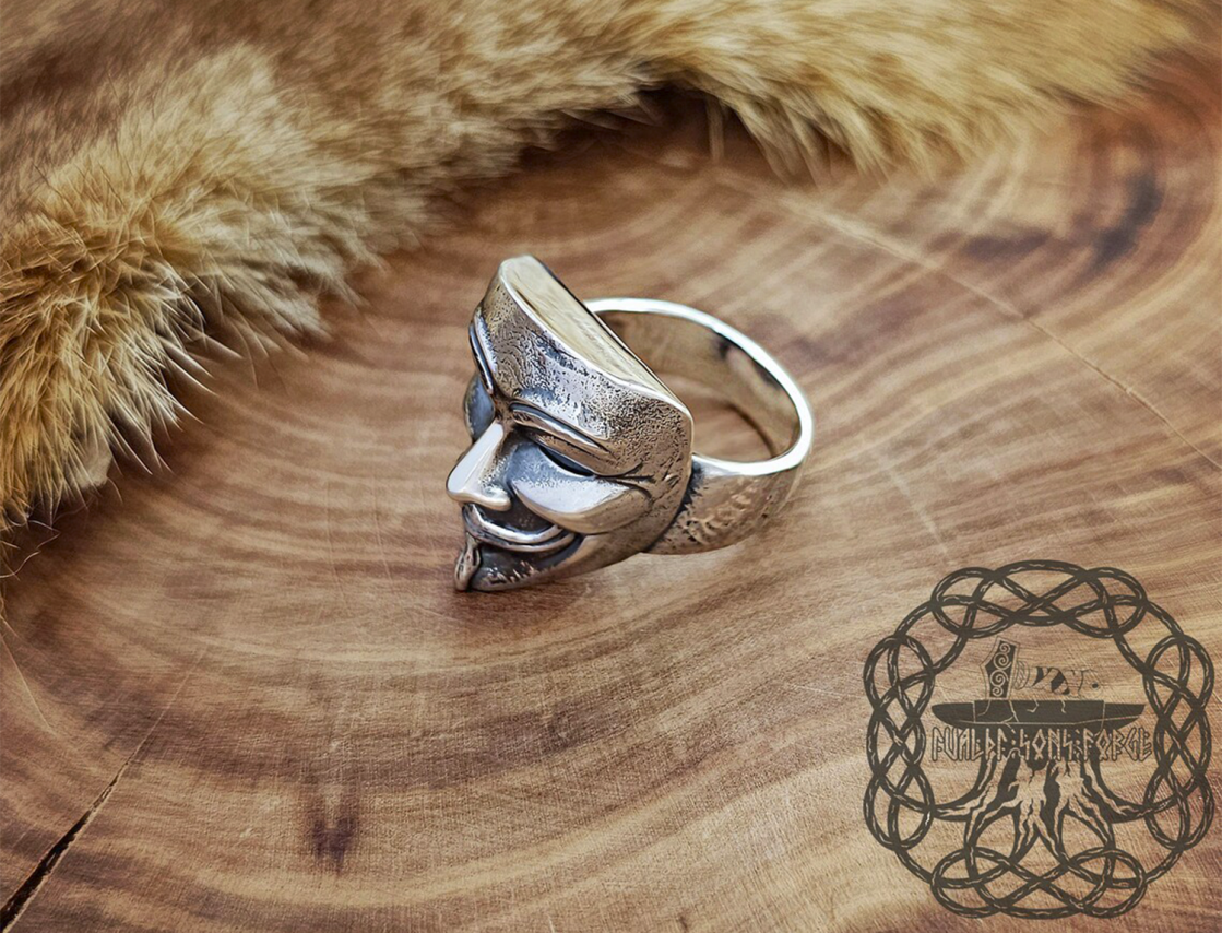 Sterling Silver V for Vendetta Ring. Handmade Mask-Inspired Jewelry.