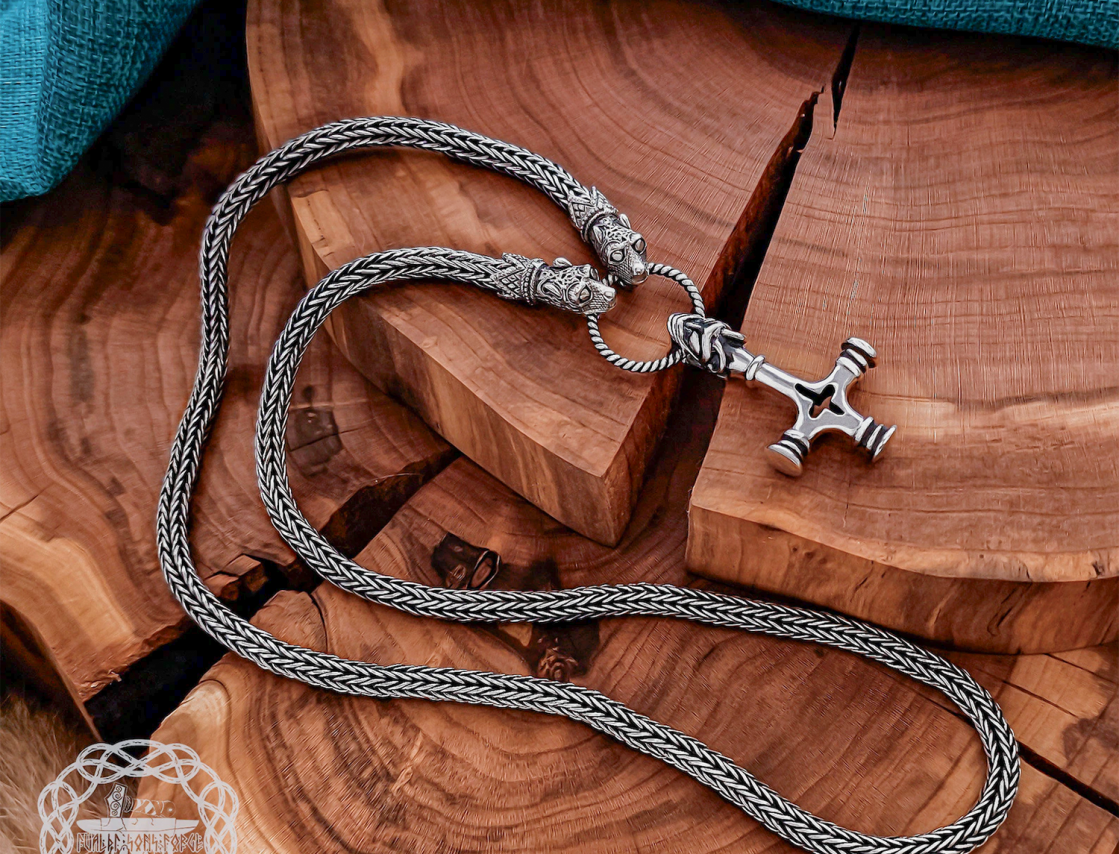 Sterling Silver Wolf Head Viking Chain. Handmade Authentic Jewelry Necklace.