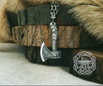 Sterling Silver Norse Axe Pendant. Raven and Wolf Amulet.