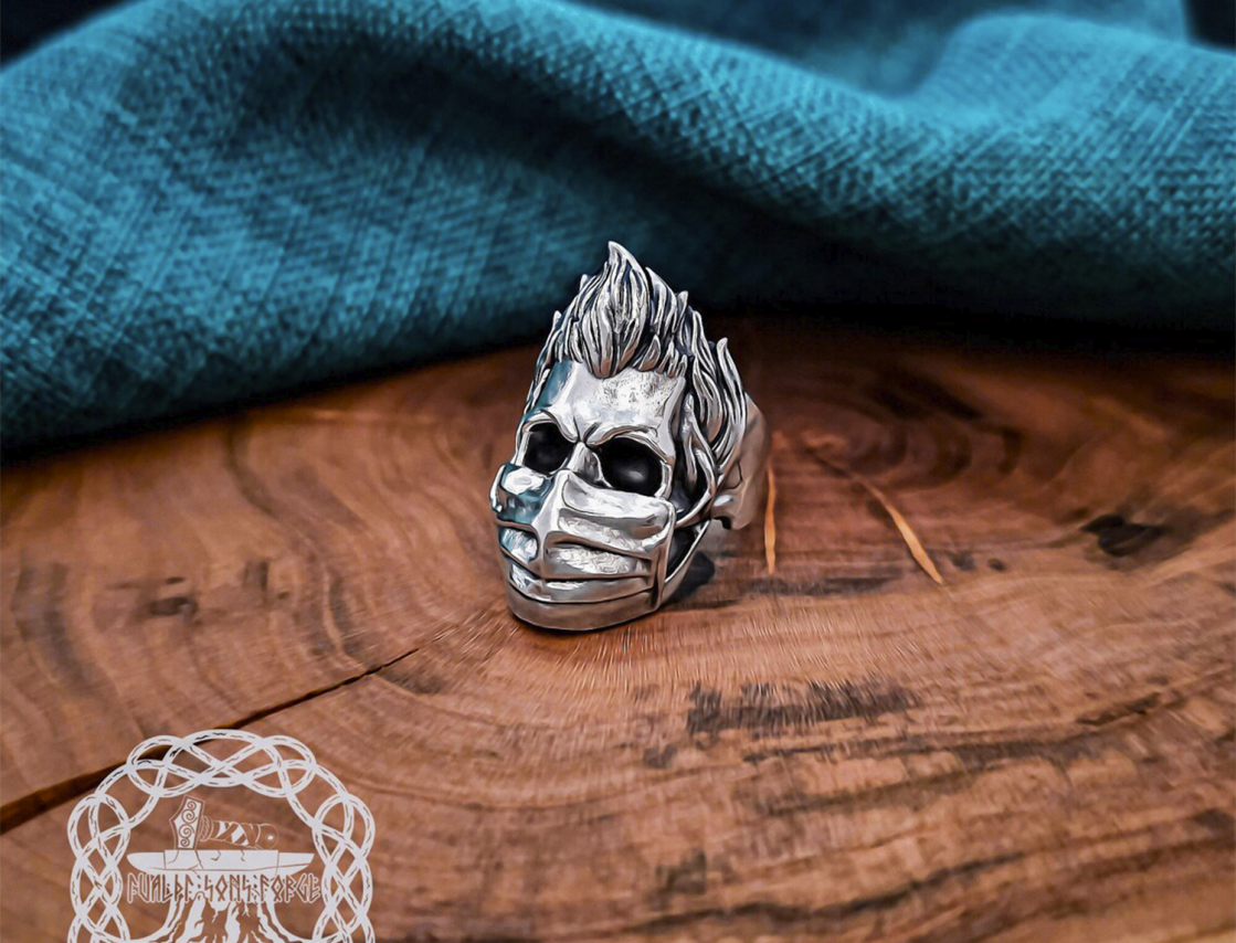 Handcrafted Sterling Silver Skull Ring. Rockabilly Biker Jewelry.