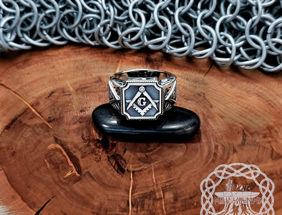 Handmade Sterling Silver Masonic Ring. Freemason Symbol Jewelry.