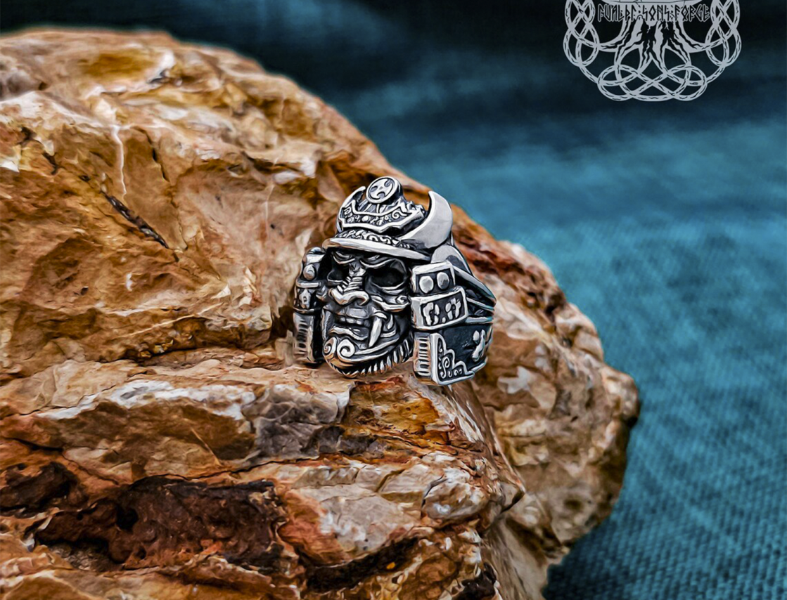 Handmade Sterling Silver Samurai Mask Ring. Artisan Japanese Design.