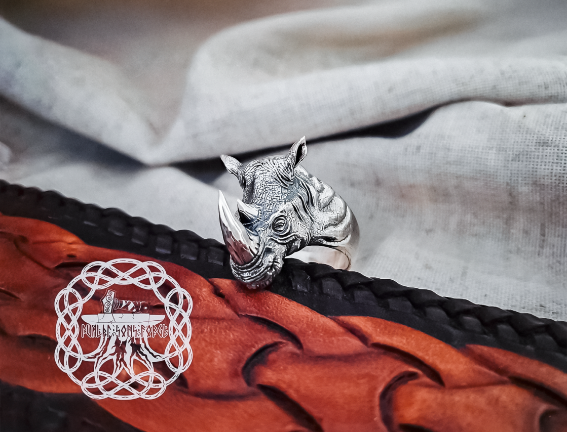 Handmade Sterling Silver Rhinoceros Head Ring. Biker Animal Jewelry.