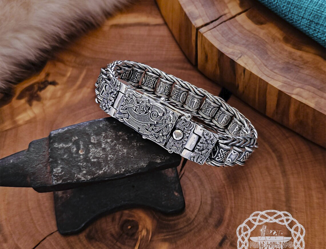 Sterling Silver Rune Bracelet with Cammin Casket Design. Handmade Viking Arm Ring.