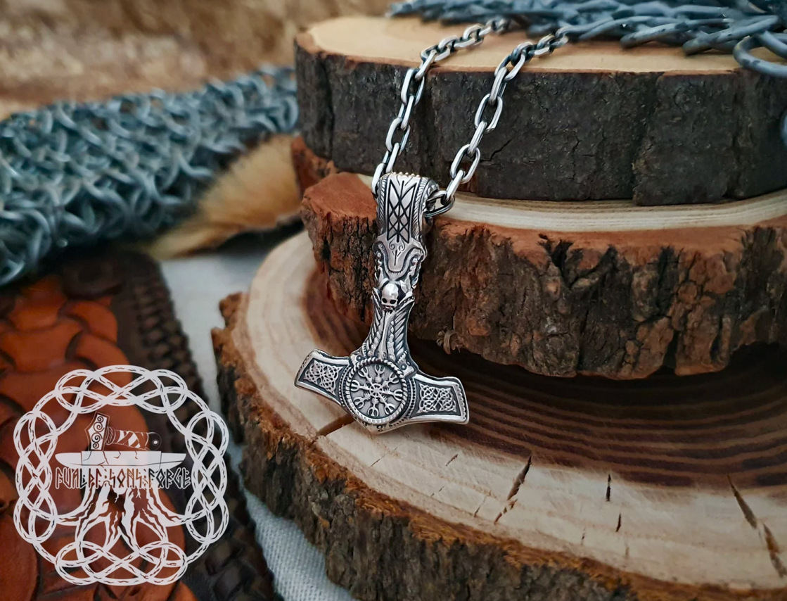 Viking Mjolnir Necklace with Helm of Awe. Sterling Silver Thor Hammer Pendant.