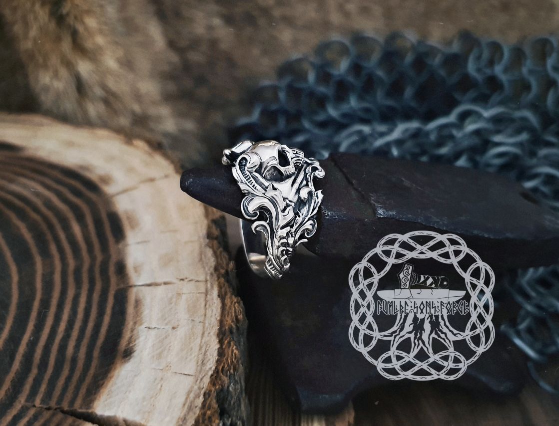 Sterling Silver Floral Skull Ring. Edgy Handmade Biker Jewelry.