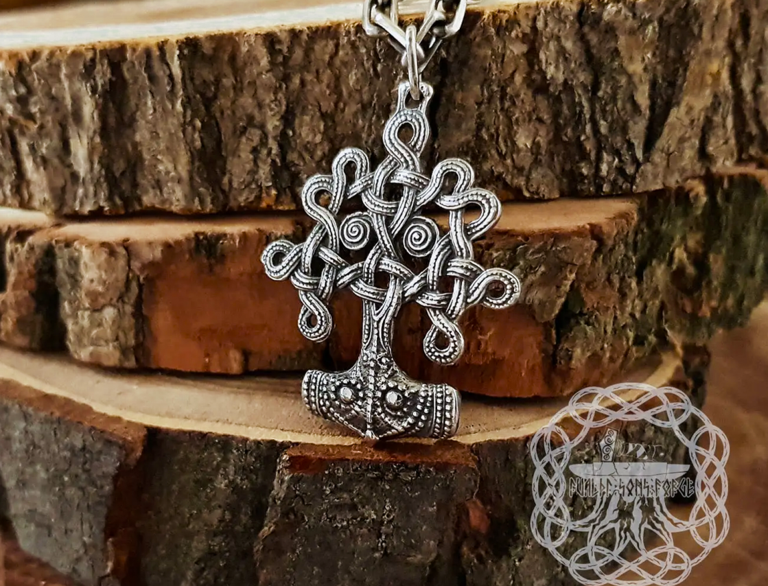 Sterling Silver Thor Hammer Necklace. Yggdrasil Mjolnir Pendant