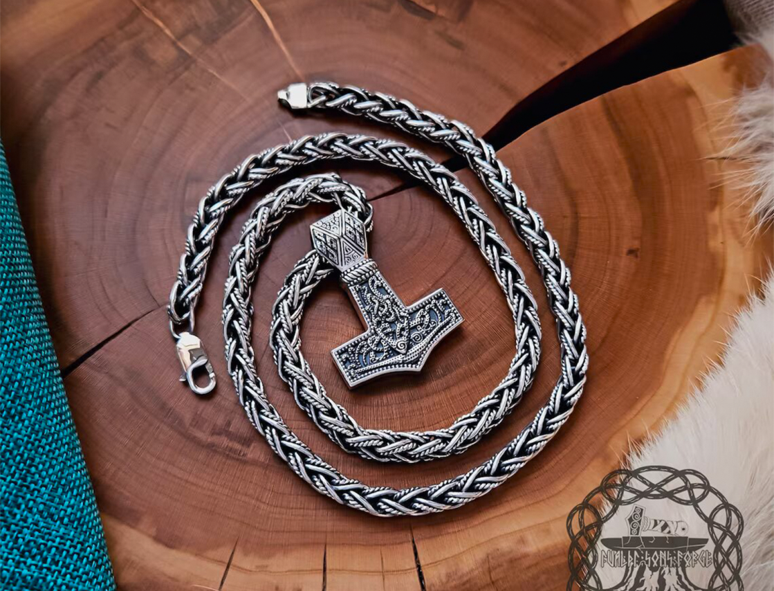 Sterling Silver Mammen Mjolnir Necklace. Handmade Viking Thor Hammer Pendant.