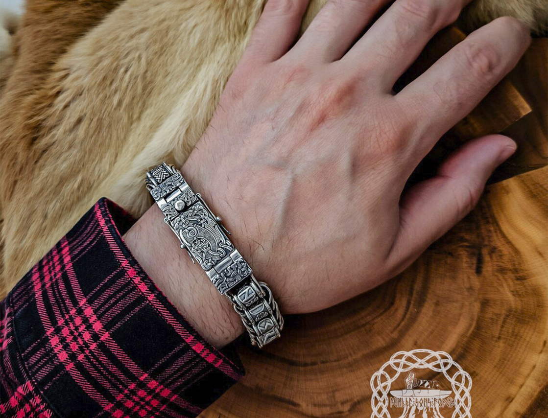 Sterling Silver Rune Bracelet with Cammin Casket Design. Handmade Viking Arm Ring.