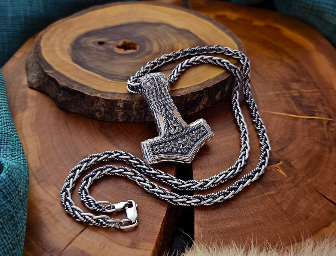 Sterling Silver Bredsatra Mjolnir Necklace. Viking Thor Hammer Pendant.