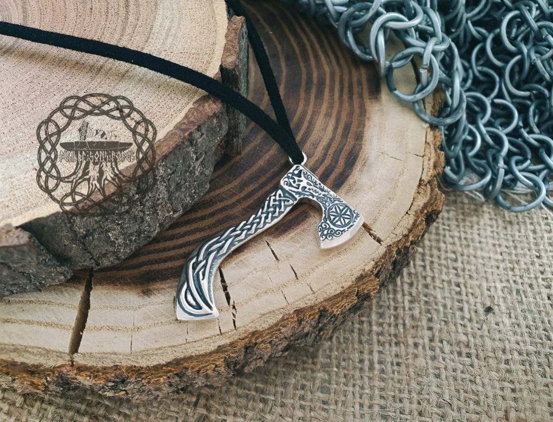 Sterling Silver Viking Axe Necklace. Braided Ornament with Wolf Design.