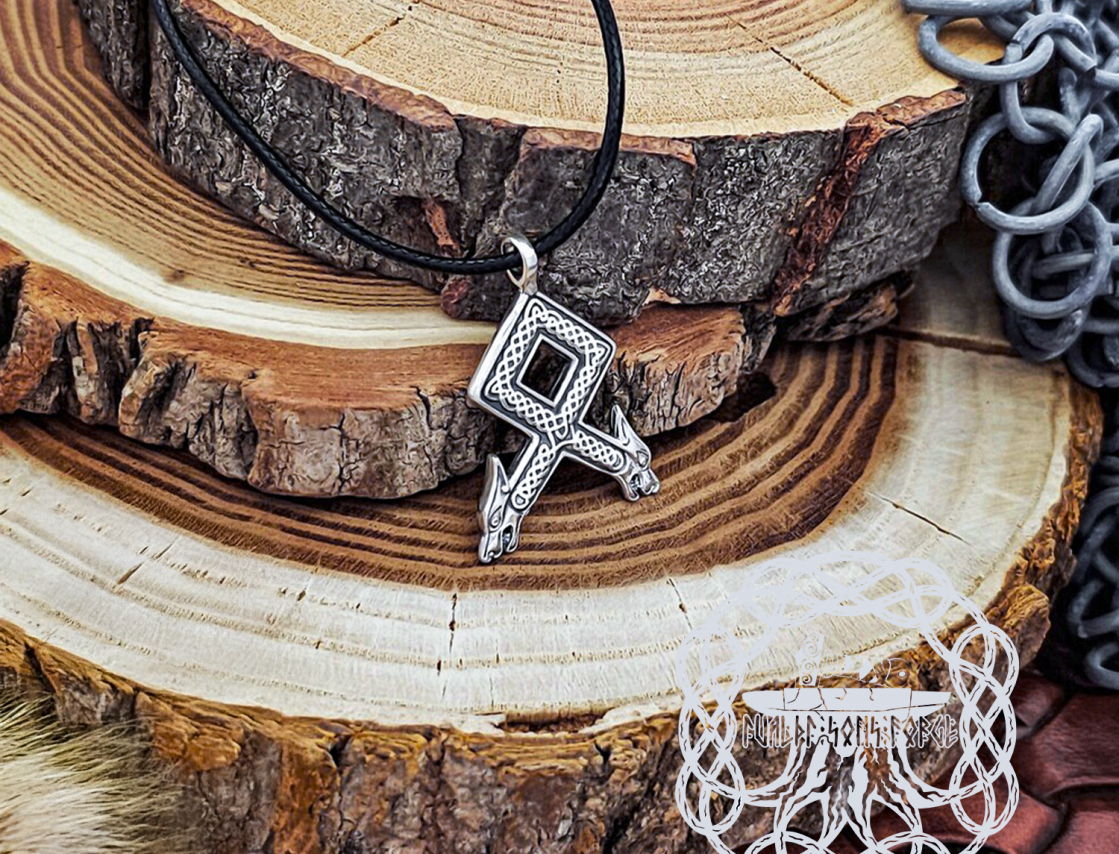 Handmade Sterling Silver Othala Rune Pendant. Viking Wolf Necklace.