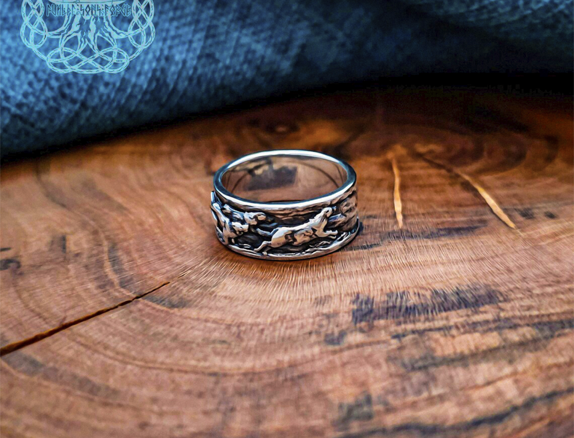 Sterling Silver Wolf Pack Statement Ring. Handmade Wildlife Jewelry.