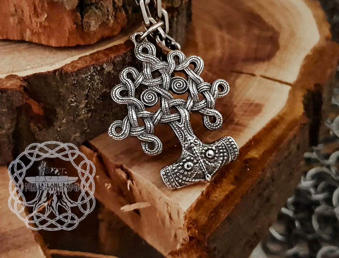 Sterling Silver Thor Hammer Necklace. Yggdrasil Mjolnir Pendant