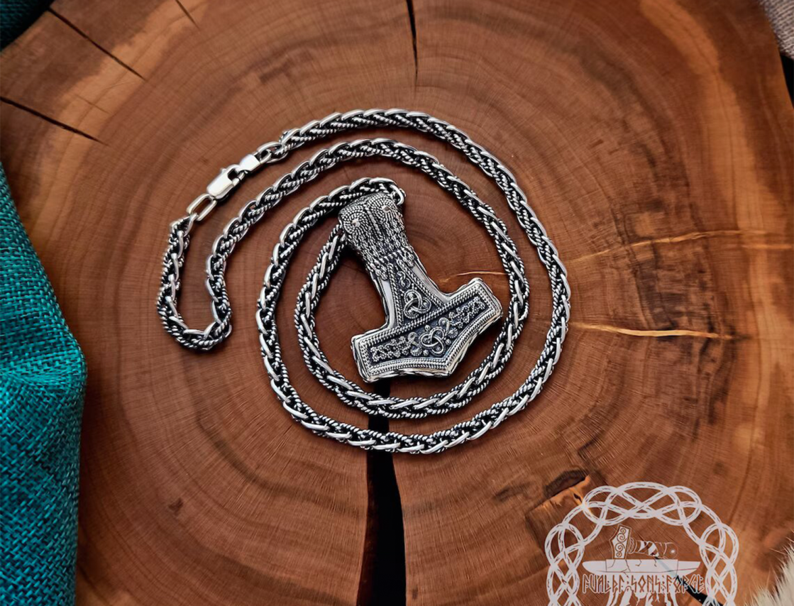 Sterling Silver Bredsatra Mjolnir Necklace. Viking Thor Hammer Pendant.