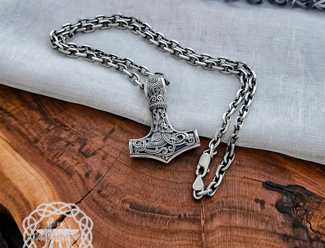 Sterling Silver Mammen Mjolnir Pendant. Handmade Viking Thor Hammer Necklace.