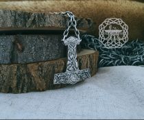 Sterling Silver Viking Mjolnir Necklace. Thor Hammer Pendant with Triskele.