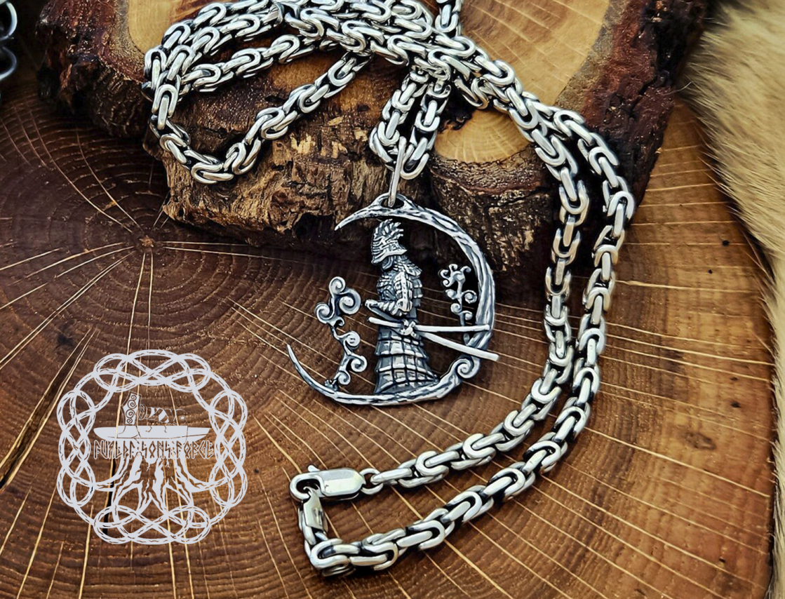 Handmade Sterling Silver Samurai Pendant. Japanese Warrior Half Moon Necklace.