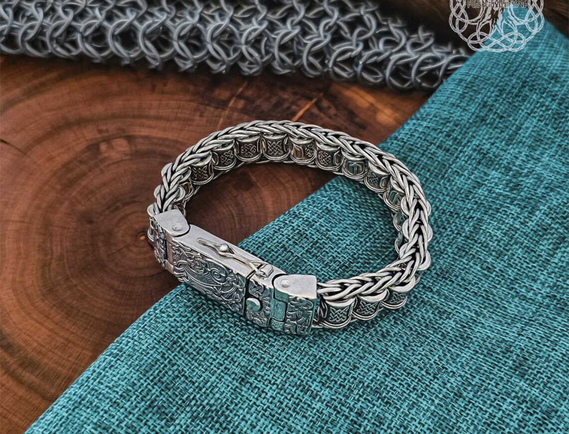 Sterling Silver Rune Bracelet with Cammin Casket Design. Handmade Viking Arm Ring.