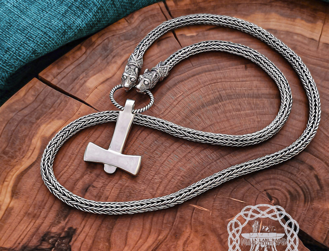 Sterling Silver Wolf Head Viking Chain. Handmade Authentic Jewelry Necklace.
