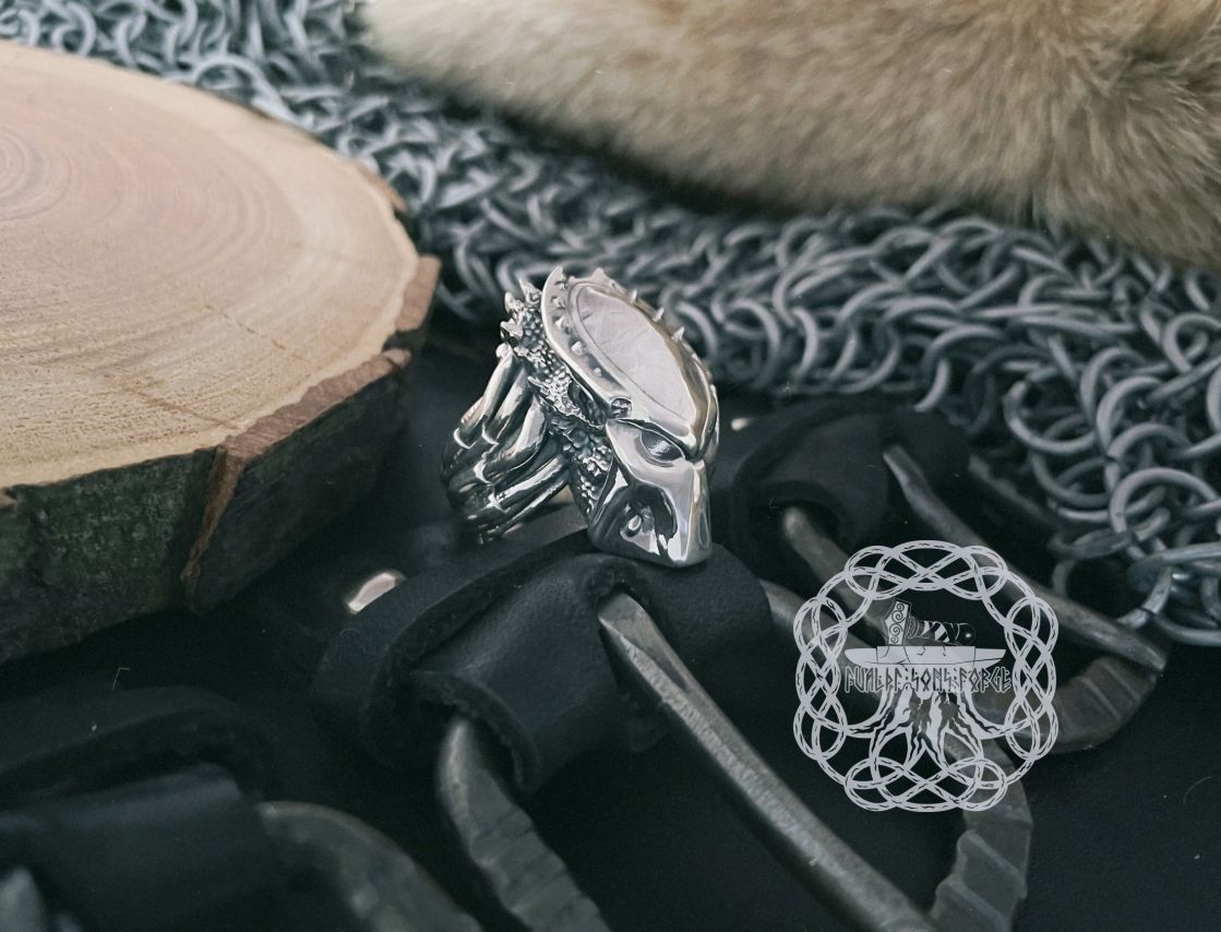 Handmade Sterling Silver Predator Mask Ring. Artisan Alien Design.