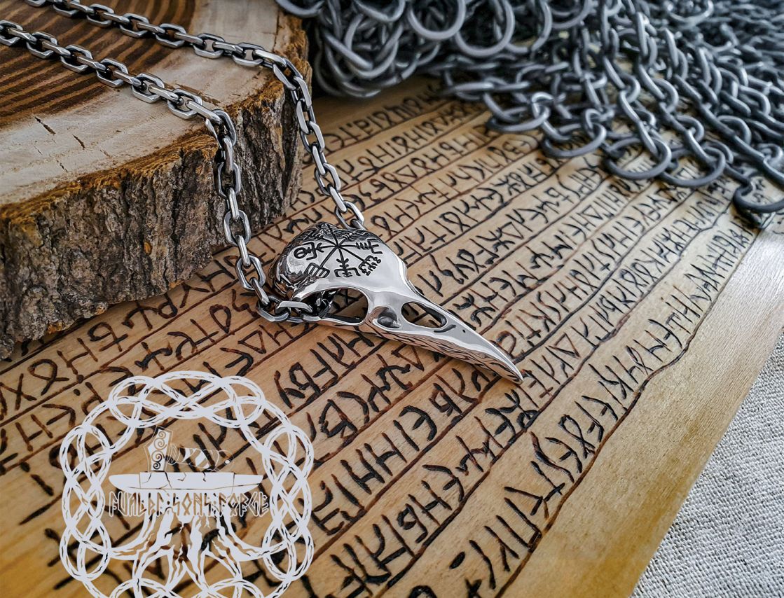 Sterling Silver Viking Raven Skull Pendant. Handmade Norse Necklace.