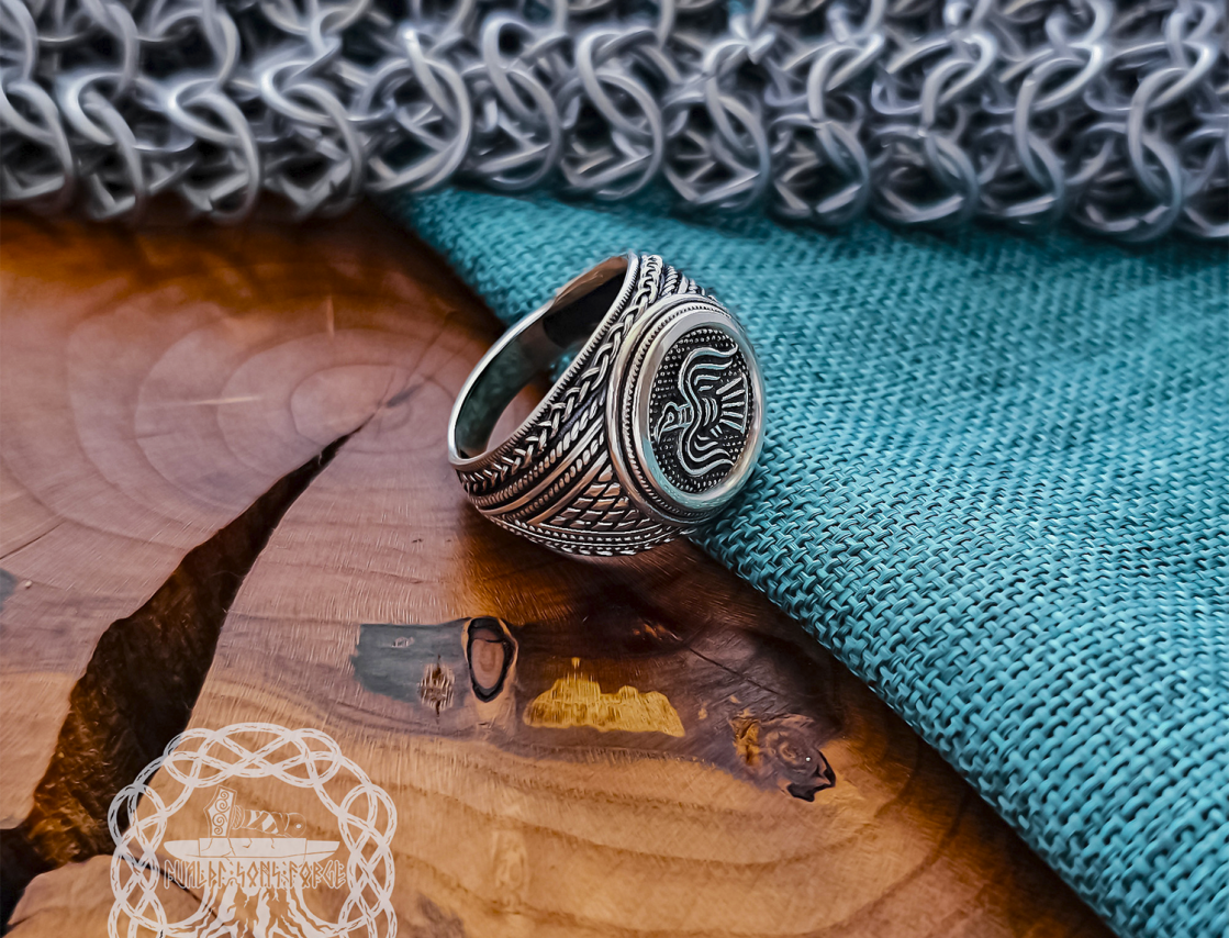 Sterling Silver Raven Banner Ring. Artisan Handmade Viking Design.