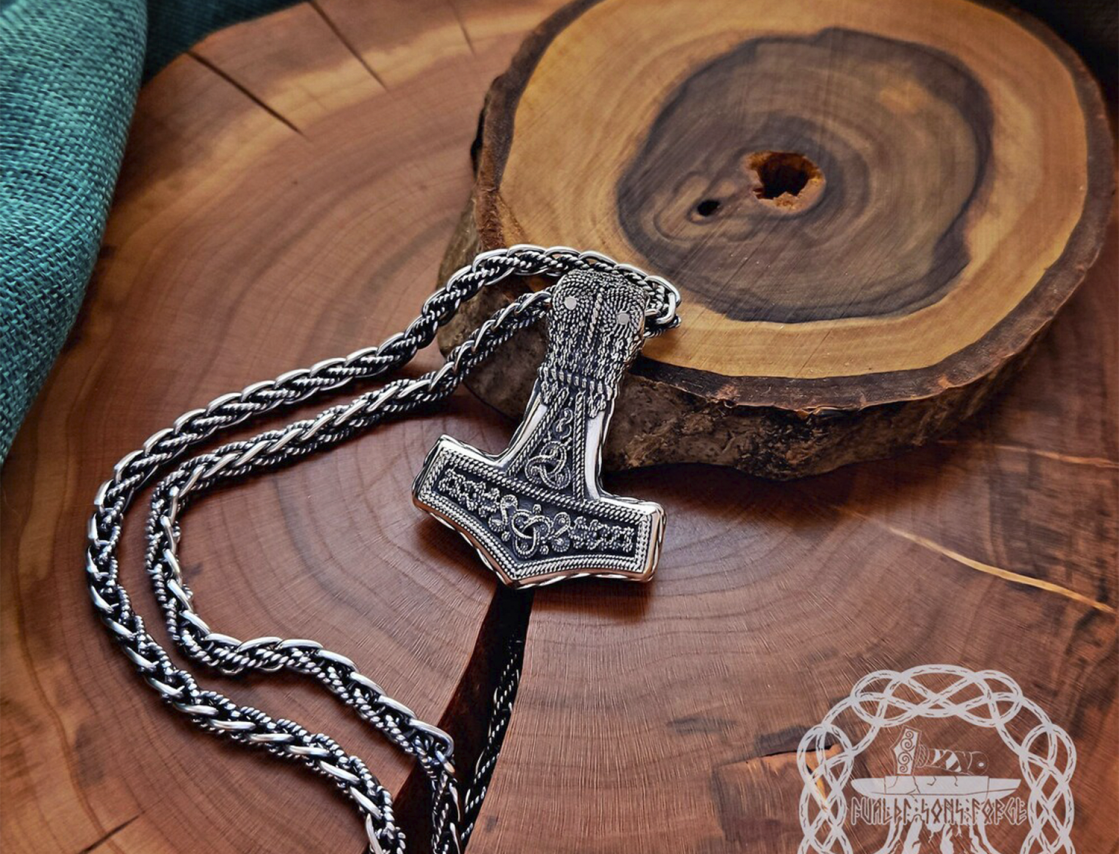 Sterling Silver Bredsatra Mjolnir Necklace. Viking Thor Hammer Pendant.