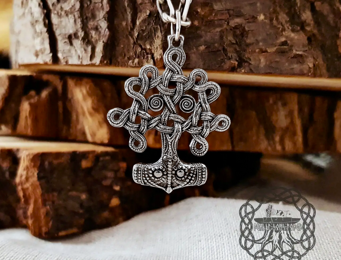 Sterling Silver Thor Hammer Necklace. Yggdrasil Mjolnir Pendant