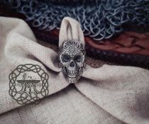 Sterling Silver Aztec Skull Ring. Maya Inspired Biker Design.