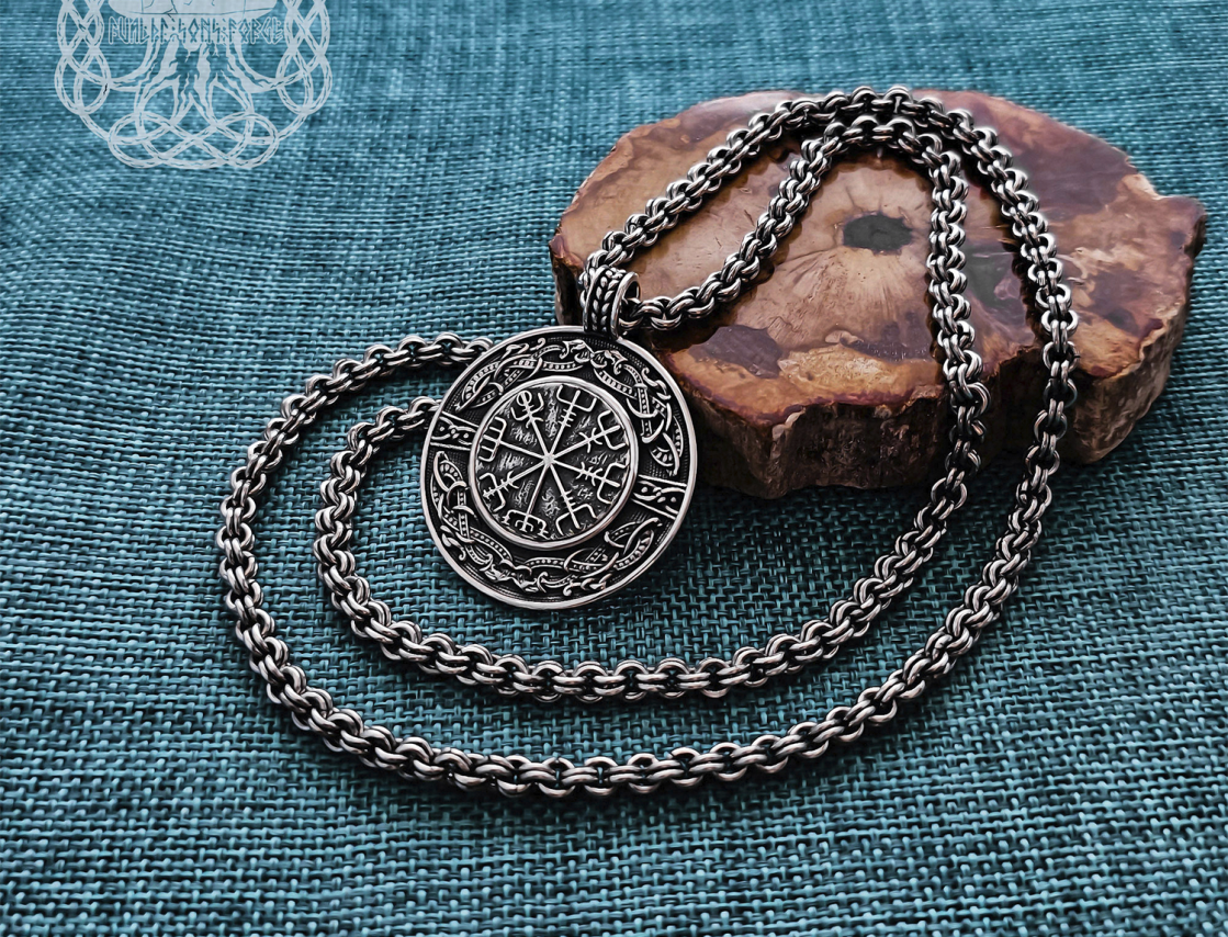 Handmade Sterling Silver Viking Vegvisir Pendant. Urnes Style Necklace.