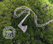 Handmade Viking Axe Pendant. Sterling Silver Valknut Jewelry.