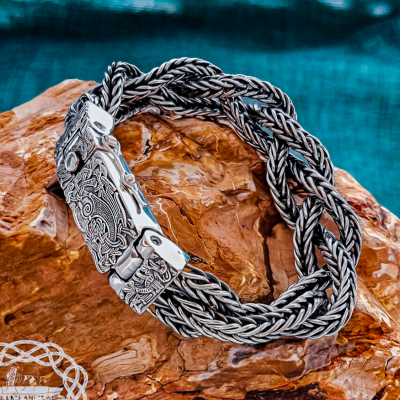Handmade Sterling Silver Viking Bracelet. Featuring Mammen Style Cammin Casket Ornament.