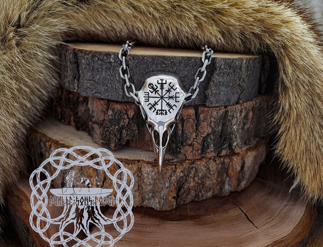 Sterling Silver Viking Raven Skull Pendant. Handmade Norse Necklace.