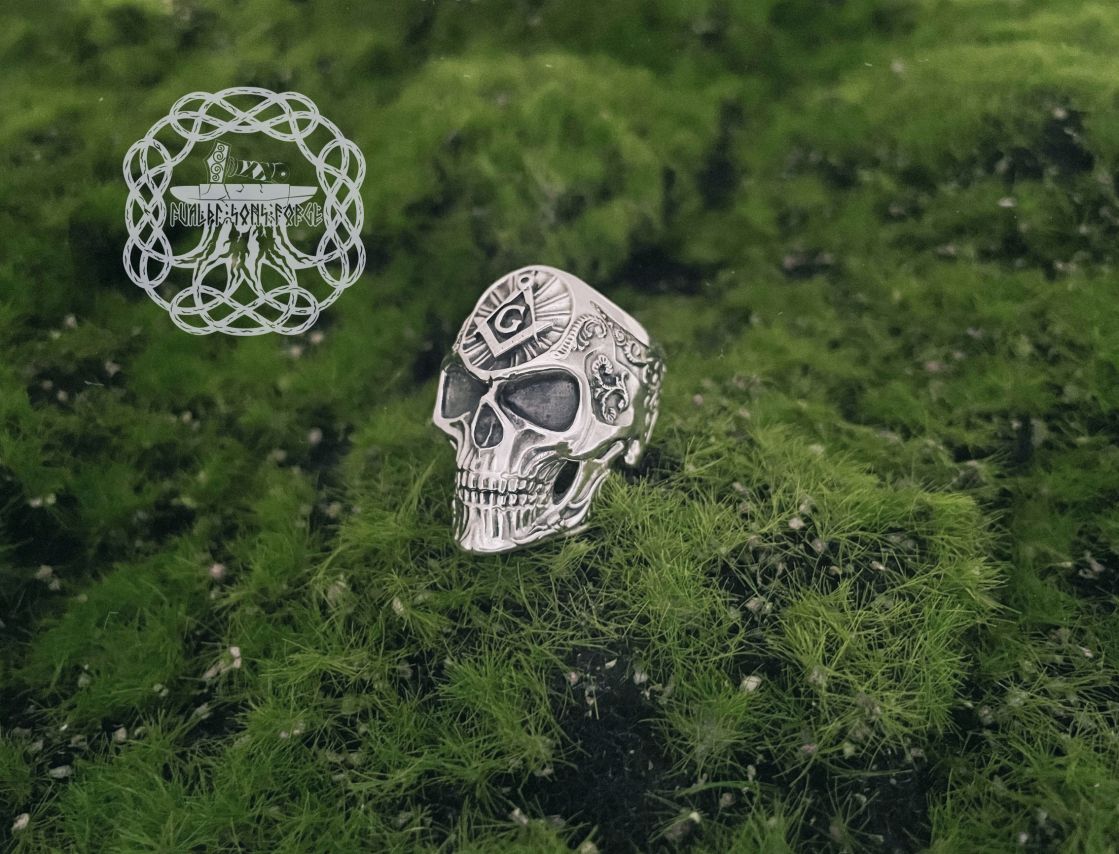 Handmade Sterling Silver Masonic Skull Ring. Freemason Biker Jewelry.