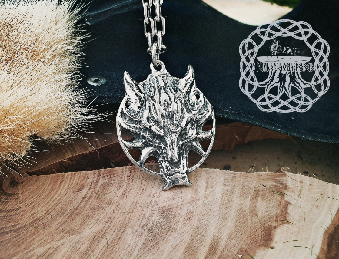 Handmade Sterling Silver Fenrir Pendant. Viking Wolf Necklace.