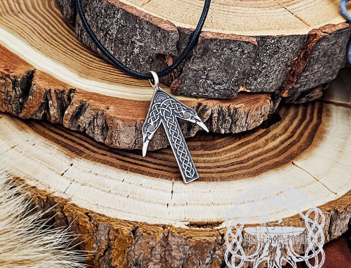 Handmade Sterling Silver Tiwaz Rune Pendant. Viking Raven Norse Necklace.