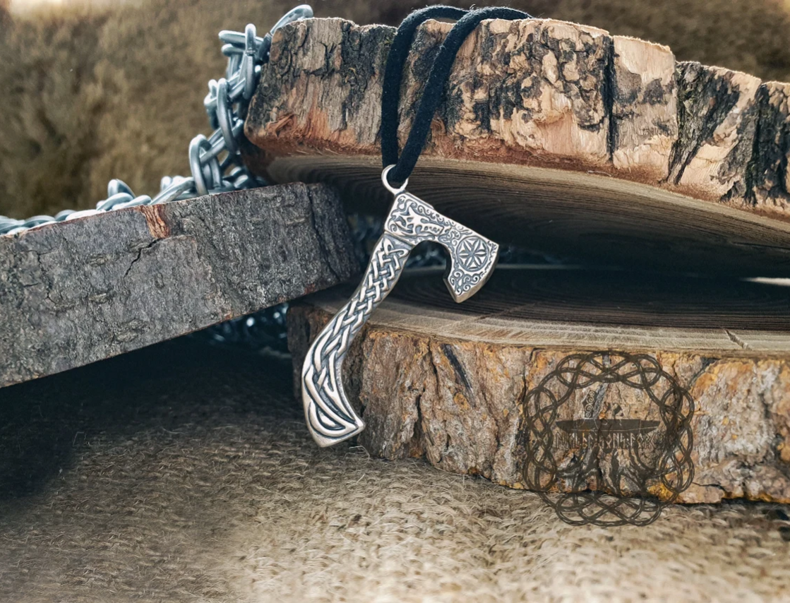 Sterling Silver Viking Axe Necklace. Braided Ornament with Wolf Design.