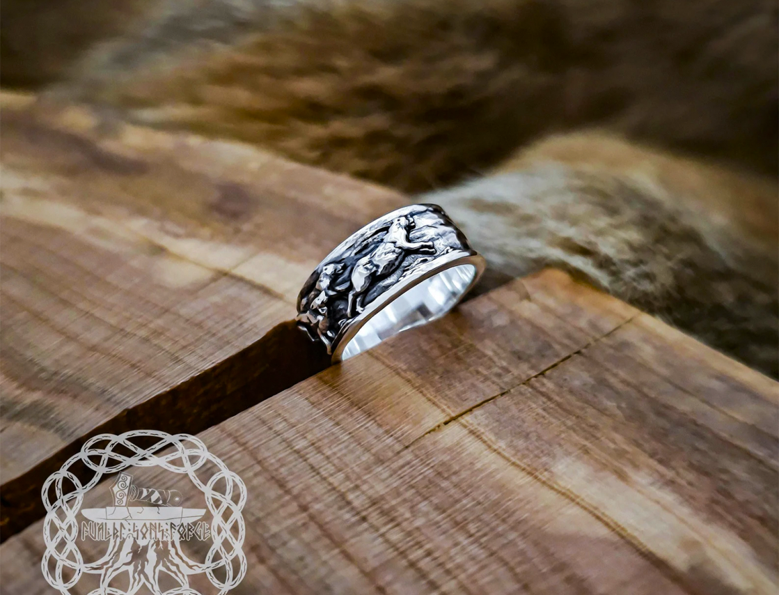 Sterling Silver Wolf Pack Statement Ring. Handmade Wildlife Jewelry.