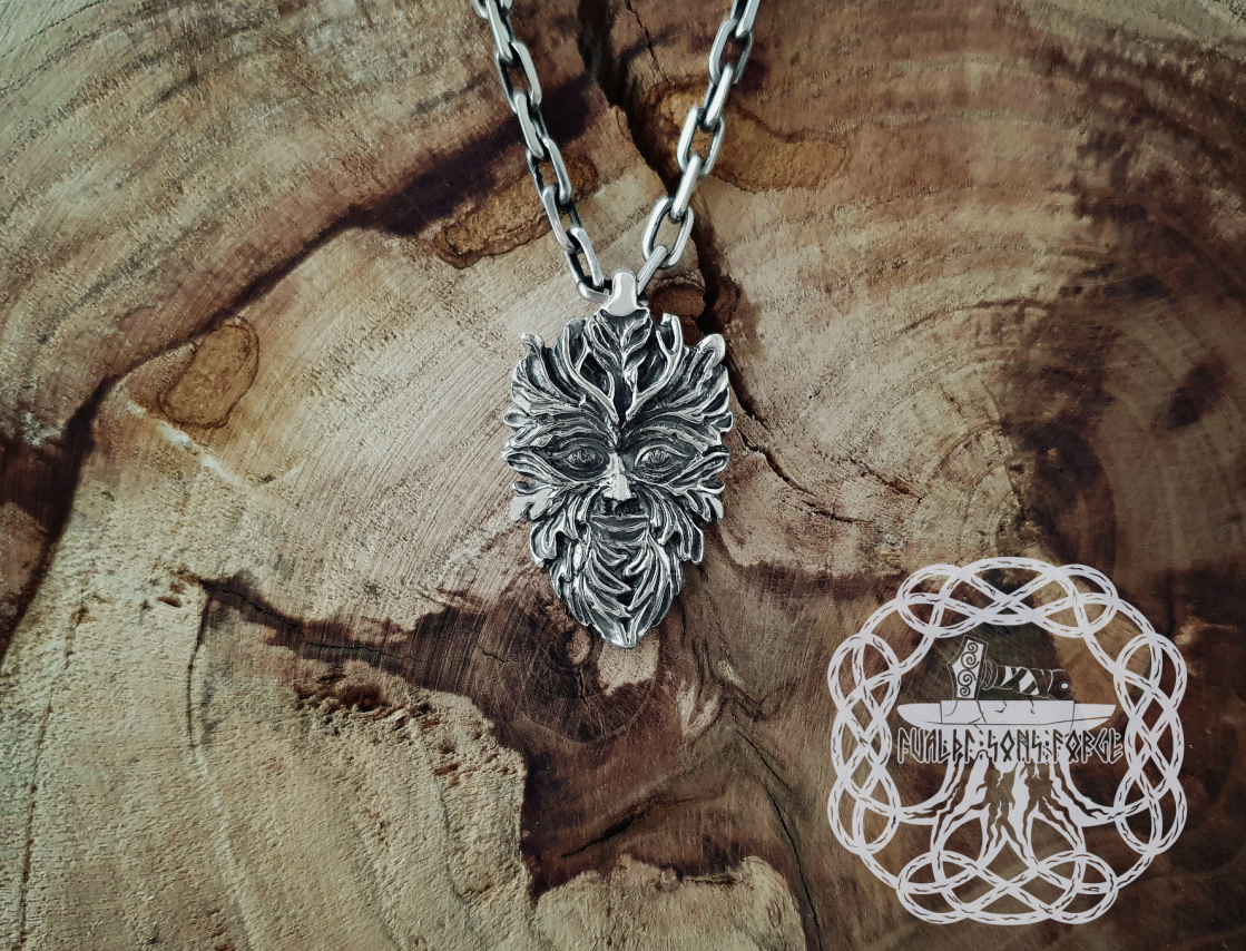 Sterling Silver Green Man Pendant. Handmade Celtic Necklace.