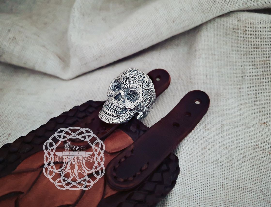 Sterling Silver Aztec Skull Ring. Maya Inspired Biker Design.
