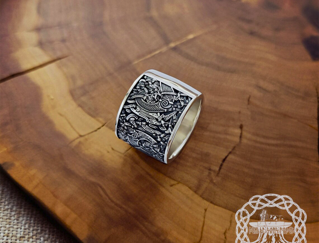 Mammen Style Sterling Silver Viking Ring. Cammin Casket Design.