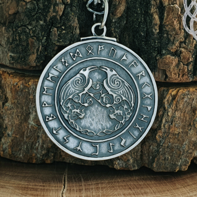 Handmade Sterling Silver Viking Ravens Pendant. Huginn and Muninn Necklace with Runic Design.