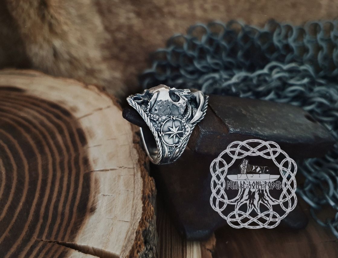 Handmade Sterling Silver Marine Skull Ring. Artisan Wind Rose and Anchor Design.
