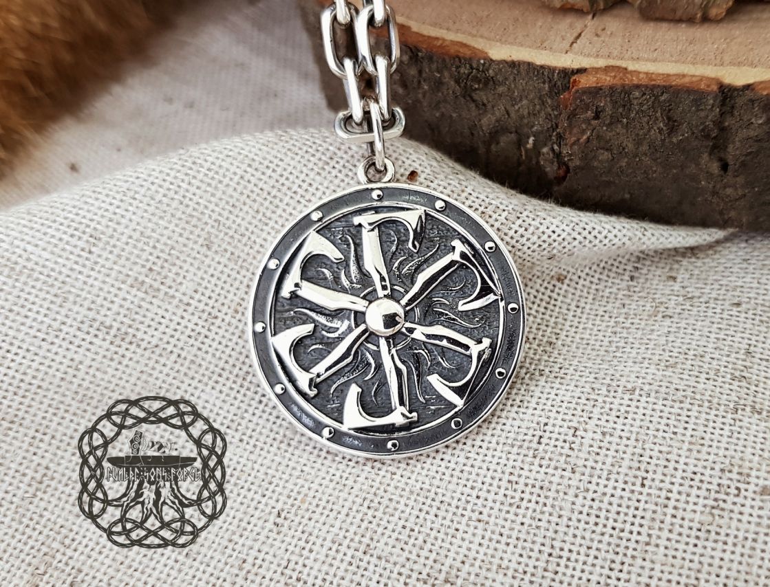 Handmade Sterling Silver Viking Shield Pendant. Norse Axe Necklace.