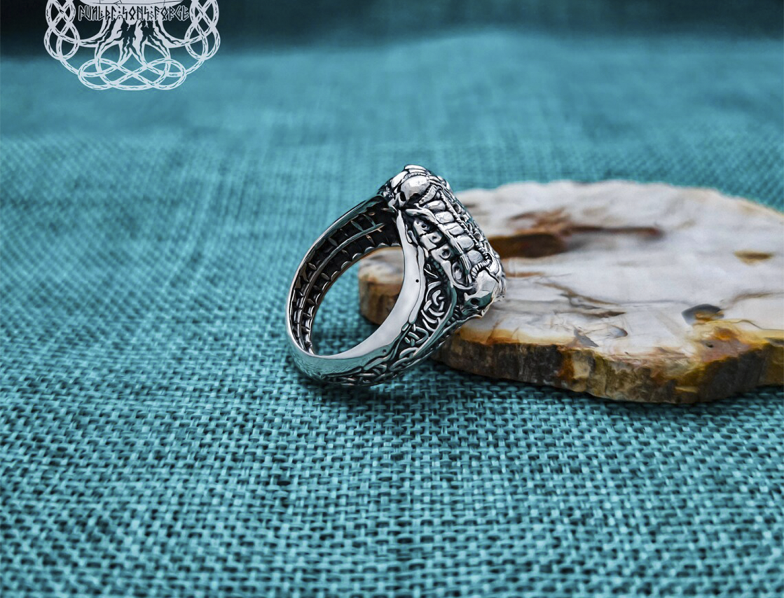 Sterling Silver Viking Helm of Awe Ring. Handmade Skull Design.